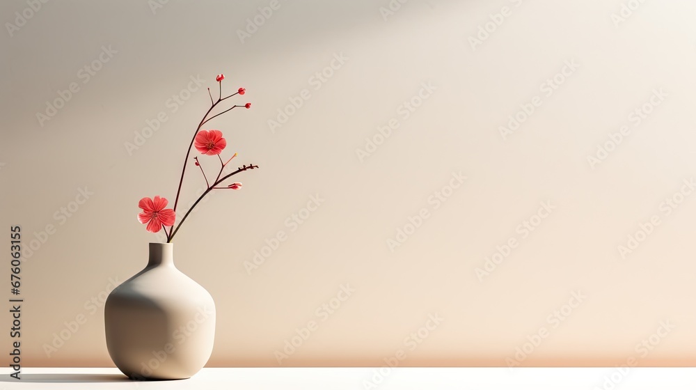 a white vase with red flowers in it on a white table with a light colored wall in the back ground. generative ai a white vase with red flowers in it on a white table with a light colored wall in the back ground. generative ai