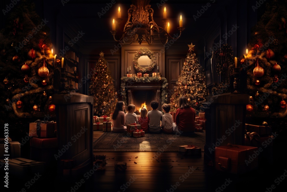 Christmas, family in front of fireplace with red brick wall background, fir tree decorated with garlands and balls, generated with ia.