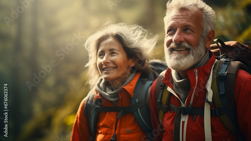 Elderly happy couple hiking outdoors. Fitness walking and forest mountain travel journey.