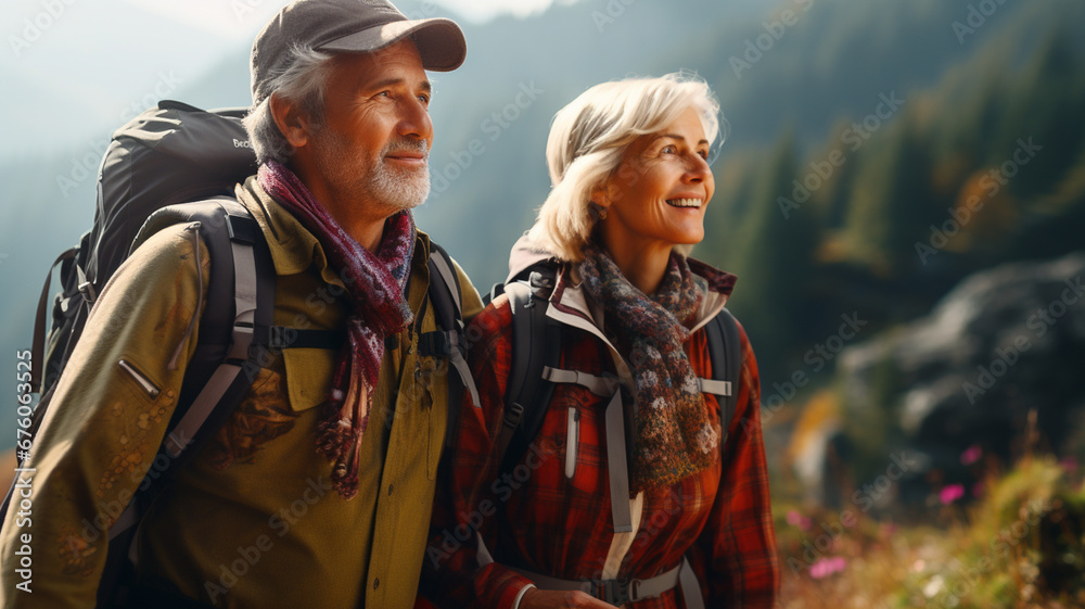 Fototapeta premium Elderly happy couple hiking outdoors. Fitness walking and forest mountain travel journey.