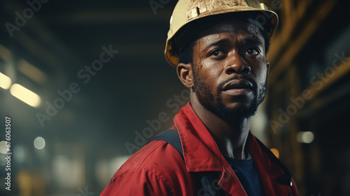 Black african american dark-skinned worker or engineer. Portrait of industrial worker indoors in factory