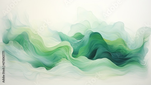 Abstract background with green waves and landscape painting