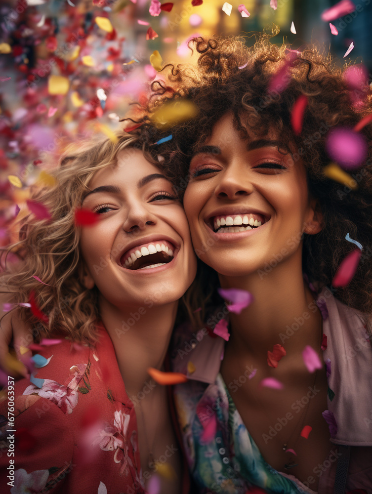 LGBT lesbian couple or girlfriends celebrating with confetti together, concept of hapiness and joy