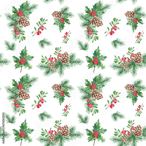 Christmas hand drawn seamless pattern with winter plants. Forest pine branches with cone  holly with red berries  cowberry or lingonberry. For fabric or textile prints  gift packaging paper.