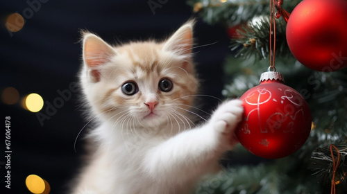 copy space, stockphoto, cute kitten playing with a Christmas bauble hanging in a Christmas tree . Cute pet playing with a Christmas bauble during christmas time. Christmas decoration. Background for 