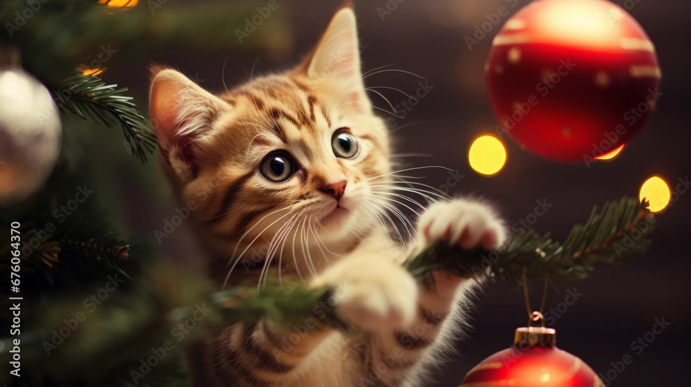 copy space, stockphoto, cute kitten playing with a Christmas bauble hanging in a Christmas tree . Cute pet playing with a Christmas bauble during christmas time. Christmas decoration. Background for copy space, stockphoto, cute kitten playing with a Christmas bauble hanging in a Christmas tree . Cute pet playing with a Christmas bauble during christmas time. Christmas decoration. Background for