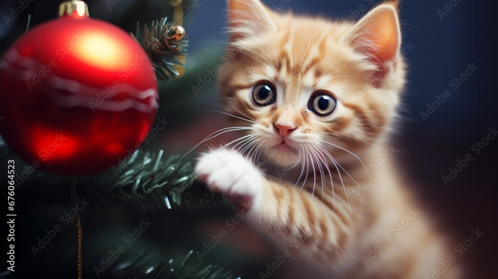 copy space, stockphoto, cute kitten playing with a Christmas bauble hanging in a Christmas tree . Cute pet playing with a Christmas bauble during christmas time.  Christmas decoration. Background for 