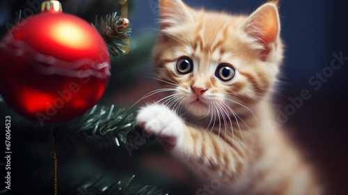 copy space  stockphoto  cute kitten playing with a Christmas bauble hanging in a Christmas tree . Cute pet playing with a Christmas bauble during christmas time.  Christmas decoration. Background for 