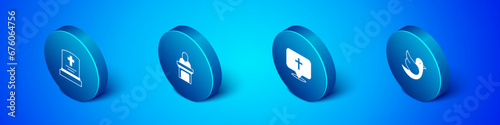 Set Isometric Grave with tombstone, Location church building, Dove and Church pastor preaching icon. Vector