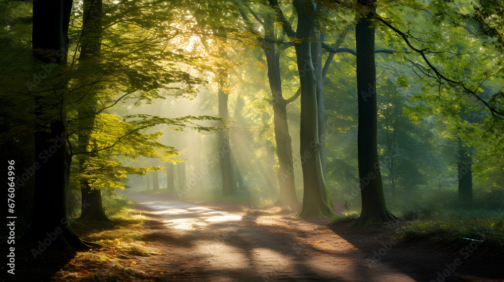 Tranquil Forest Path with Sunbeams Peeking Through Tall Trees in Autumn Hues, Enhanced with Soft and Earthy Tones for a Serene Ambiance Tranquil Forest Path with Sunbeams Peeking Through Tall Trees in Autumn Hues, Enhanced with Soft and Earthy Tones for a Serene Ambiance