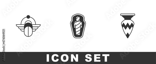 Set Egyptian Scarab, mummy in sarcophagus and vase icon. Vector