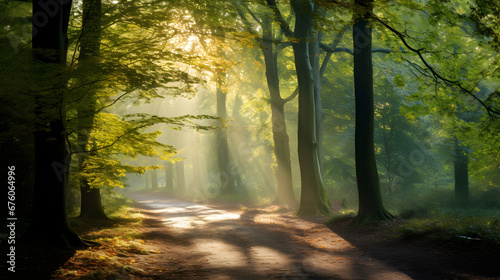 Tranquil Forest Path with Sunbeams Peeking Through Tall Trees in Autumn Hues, Enhanced with Soft and Earthy Tones for a Serene Ambiance