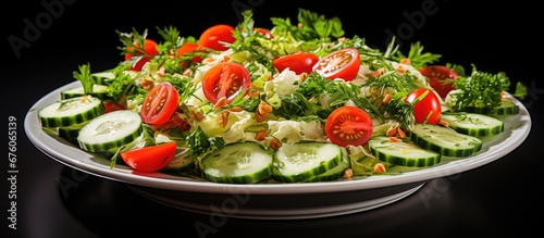 For a healthy breakfast serve a vibrant and refreshing salad on a white plate consisting of organic white and green vegetables such as crisp lettuce crunchy cucumbers and juicy red tomatoes 