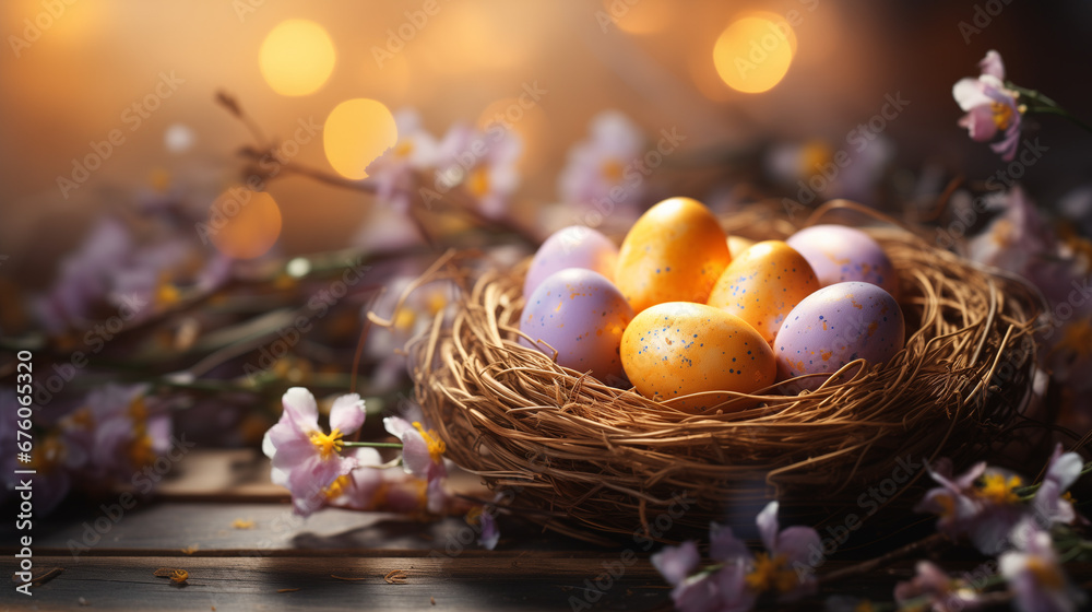 beautiful easter background with colored eggs in a nest. volumetric light, copy space. holiday lights. space for text
beautiful easter background with colored eggs in a nest. volumetric light, copy space. holiday lights. space for text