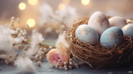 
beautiful easter background with colored eggs in a nest. volumetric light, copy space. holiday lights. space for text