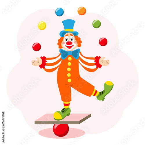Cute funny cartoon clown juggler with balls. Children's card, print, colorful illustration, vector