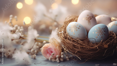  beautiful easter background with colored eggs in a nest. volumetric light, copy space. holiday lights. space for text