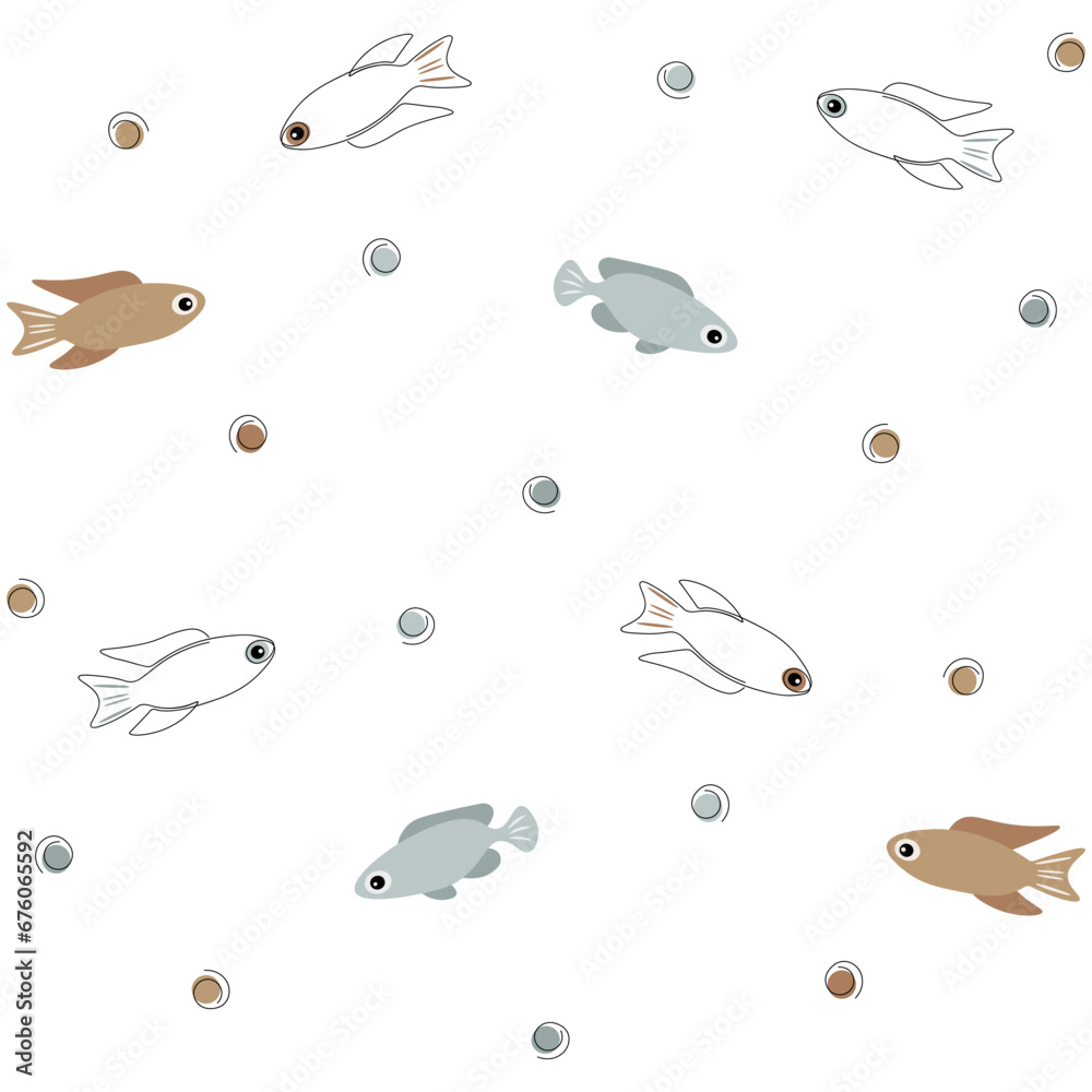 Continuous one line art colorful fish on white background seamless pattern.