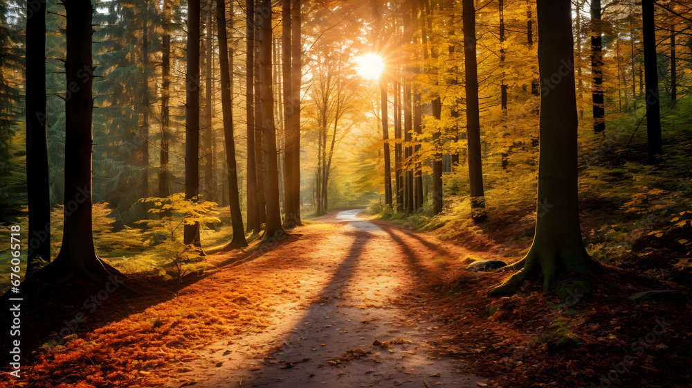 Tranquil Forest Path with Sunbeams Peeking Through Tall Trees in Autumn Hues, Enhanced with Soft and Earthy Tones for a Serene Ambiance