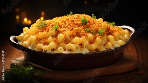  a dish of macaroni and cheese and garnished with parsley on a wooden board with a lit candle in the background.  generative ai