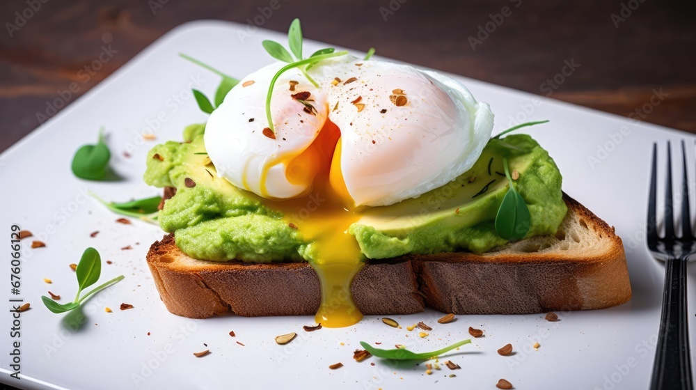 A piece of toast topped with avocado and poached eggs A piece of toast topped with avocado and poached eggs