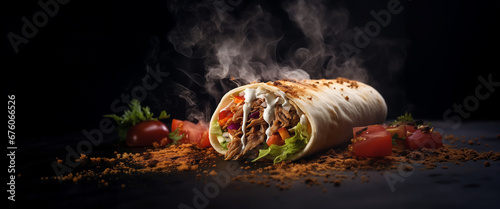 fresh grilled beef turkish or chicken arabic shawarma doner sandwich with flying ingredients and spices hot ready to serve and eat food commercial advertisement menu banner with copy space area photo