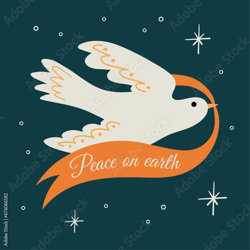 International world day of peace hand drawn vector illustration with flying white dove, bird, branch, mistletoe, plant, flower, stop no war, postcard, Peace on earth, Christmas greeting card design