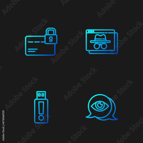 Set line Eye scan, USB flash drive, Credit card with lock and Browser incognito window. Gradient color icons. Vector