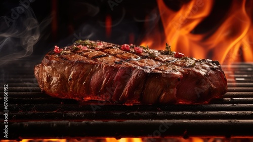  a steak sitting on top of a grill in front of a bunch of fire blazing through the air behind it. generative ai
