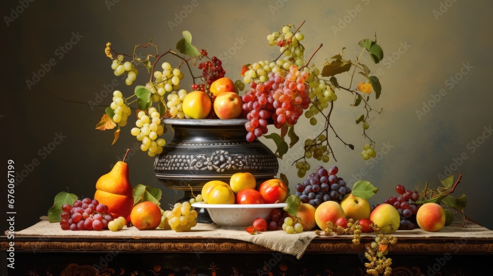 a table topped with a bowl of fruit next to a vase filled with oranges, apples, and grapes. generative ai a table topped with a bowl of fruit next to a vase filled with oranges, apples, and grapes. generative ai