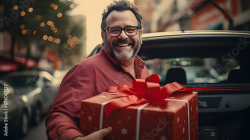 hombre latino con barba sonriente guardando regalos en su auto, caja con moño rojo, obsequio photo