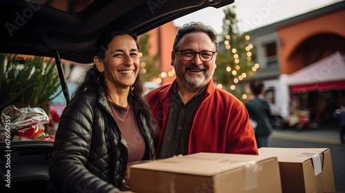 pareja de personas latinas con cajas de regalos que van a guardar en sus autos, sonrientes y con luces de celebracion  photo