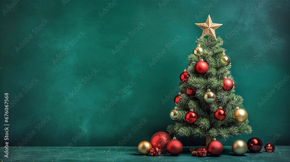 Christmas tree with baubles and star on green chalkboard background Christmas tree with baubles and star on green chalkboard background