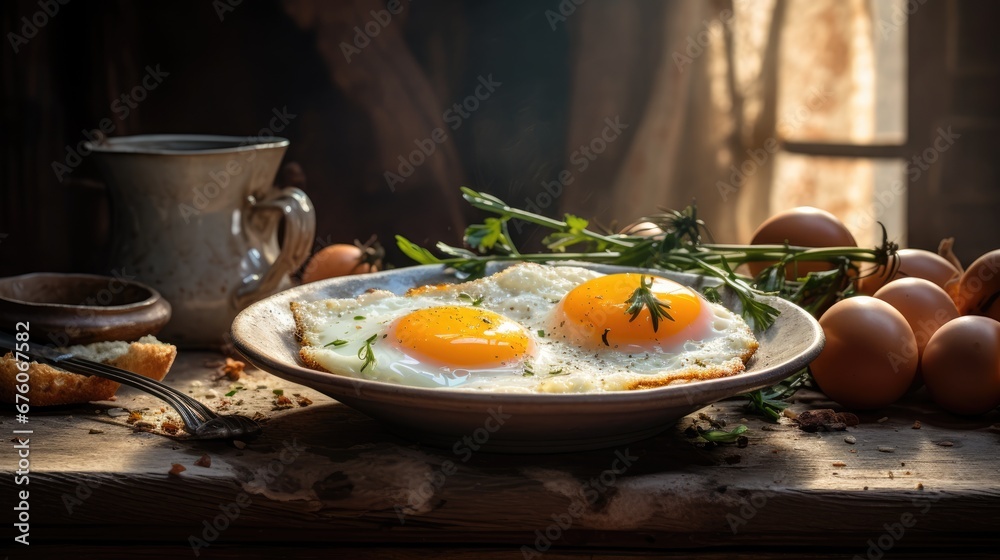  two fried eggs are in a bowl on a table next to some eggs and a cup of coffee on a table.  generative ai
