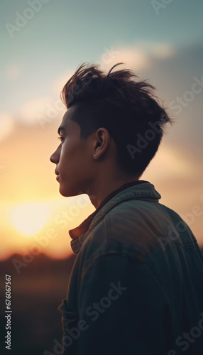 A young man in profile watches the sunset, his stylish hair and earring highlighted against the evening sky.