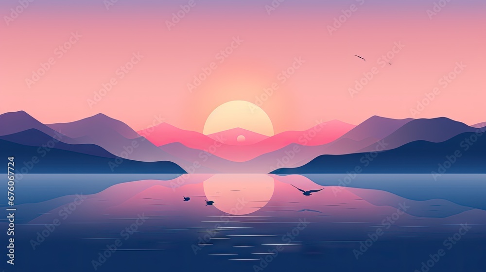  a large body of water with mountains in the background and a sunset in the middle of the water with birds flying over the water.  generative ai