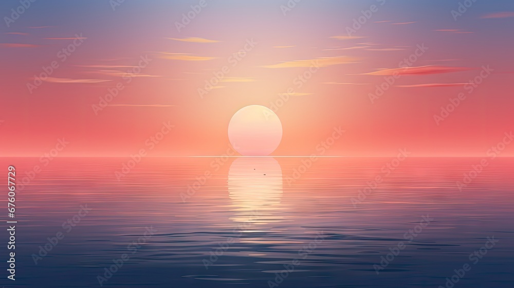  a large body of water with a large sun in the middle of the sky and a small boat in the middle of the water.  generative ai