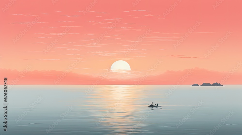  a person in a small boat on a large body of water with the sun setting in the sky behind them.  generative ai
