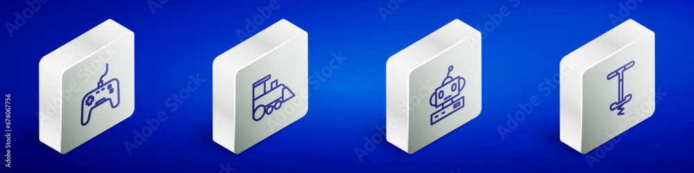 Set Isometric line Gamepad, Toy train, Robot toy and Pogo stick jumping icon. Vector Set Isometric line Gamepad, Toy train, Robot toy and Pogo stick jumping icon. Vector
