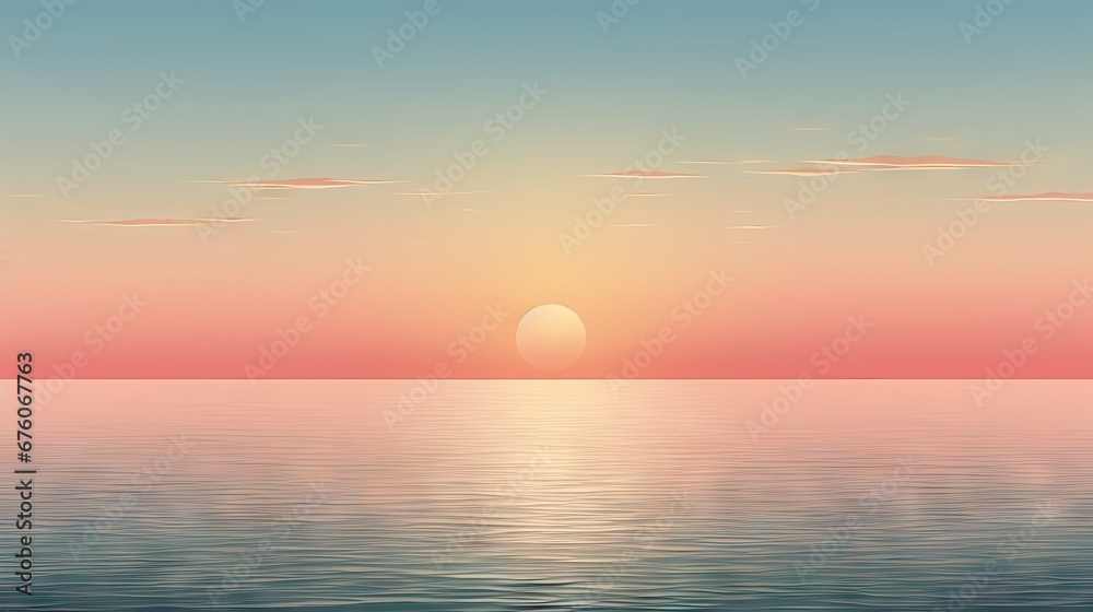  a large body of water with a sunset in the middle of the water and a few clouds in the sky.  generative ai