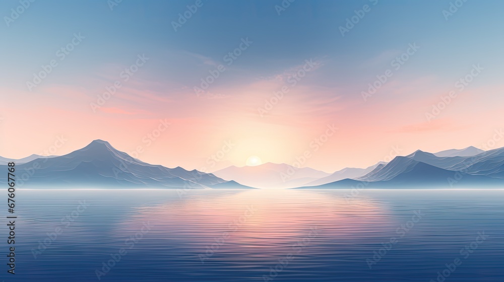 a large body of water with a mountain range in the distance and a sun setting in the sky above it.  generative ai