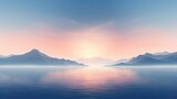  a large body of water with a mountain range in the distance and a sun setting in the sky above it.  generative ai