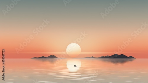  a large body of water with a bird in the middle of the water and mountains in the background at sunset.  generative ai © Anna