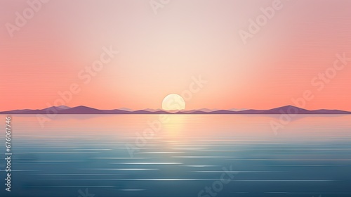  a painting of a sunset over a body of water with mountains in the distance and the sun rising over the horizon.  generative ai