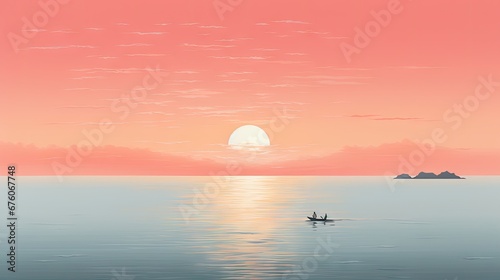  a person in a small boat on a large body of water with the sun setting in the sky behind them.  generative ai © Anna