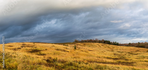 Valley with hills is covered with yellow grass, green vegetation and young trees. There is a bare forest on the horizon. The sky is completely covered in storm clouds. Autumn landscape in the evening