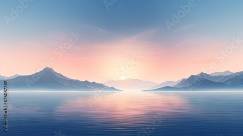  a large body of water with a mountain range in the distance and a sun setting in the sky above it. generative ai