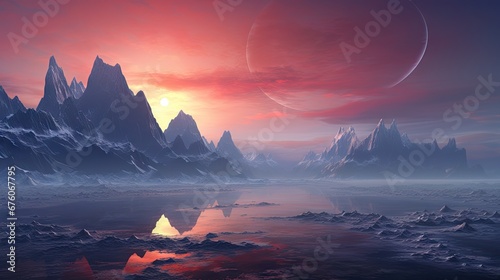  a painting of a landscape with mountains and a body of water in the foreground and a sunset in the background. generative ai