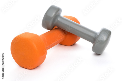 A pair of hand weights (dumbbells). Isolated on white, clipping path, shadow saved
