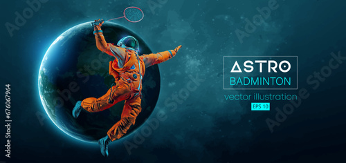 Abstract silhouette of a badminton player astronaut in space action and Earth, Mars, planets on the background of the space. The badminton player hits the shuttlecock. Vector 3d render illustration